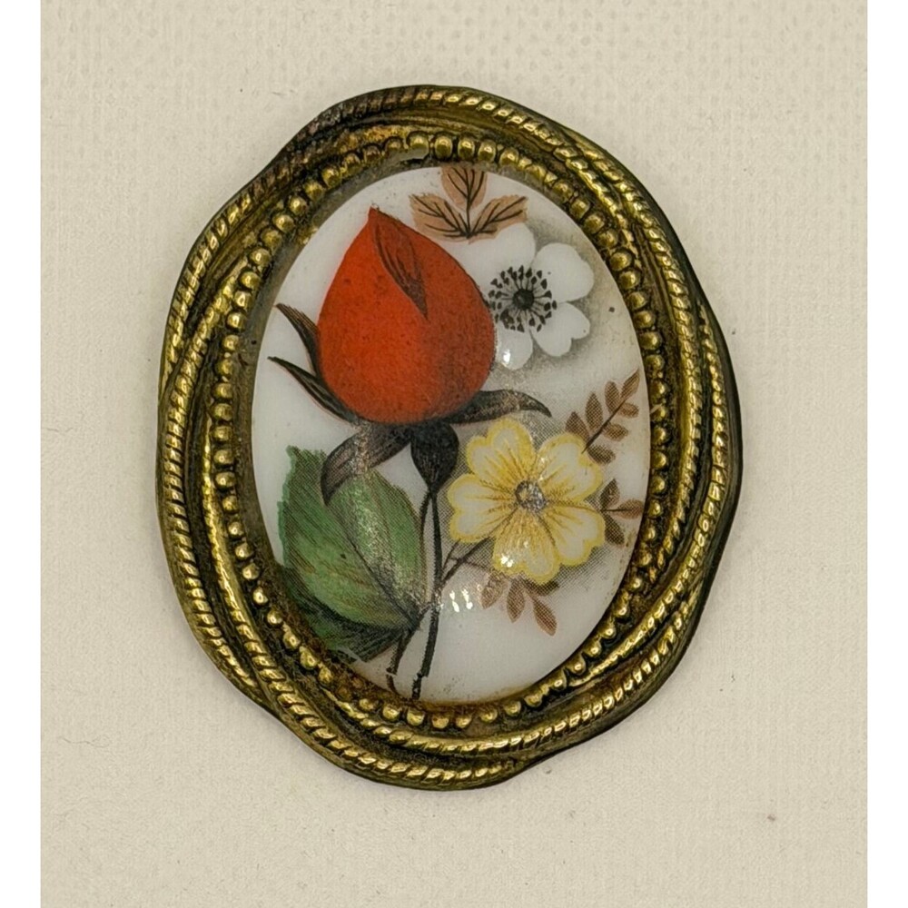 Vintage Hand Painted Porcelain Floral Cameo Gold Tone Brooch Pin Germany